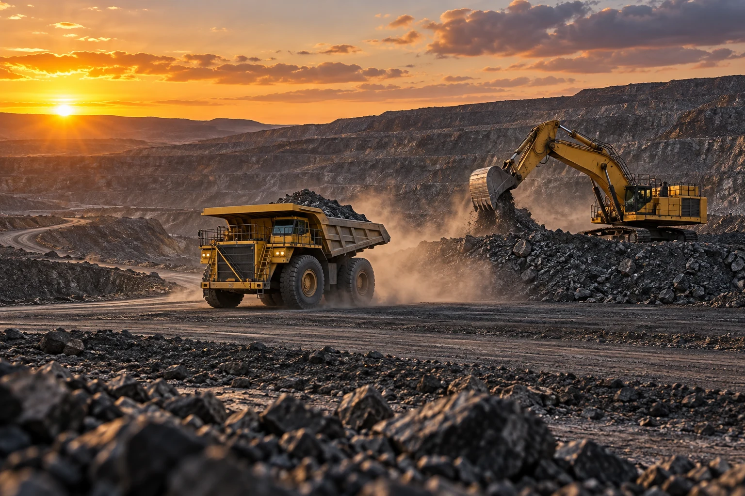 Caminhão de grande porte e escavadeira em cenário ilustrativo de mineração a céu aberto